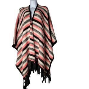 Kensie Poncho Wrap O/S Striped Fringe Hem Cozy Sweater Knit Boho Blanket Shawl